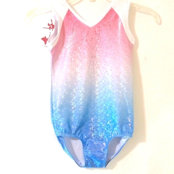 GIRLS PINK BLUE WHITE RHINESTONE ONE PIECE LEOTARD SWIMSUIT SIZE 10 NWT - Picture 1 of 6